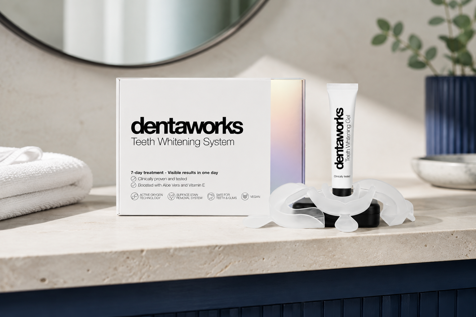 AI-genererat bildmontage av Dentaworks Tandblekningssystem på en badrumsbänk.