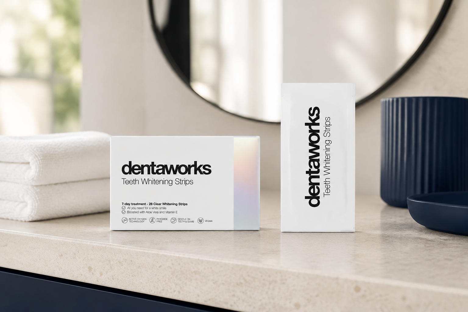 AI-genererat bildmontage av Dentaworks Tandblekningsstrips på en badrumsbänk.