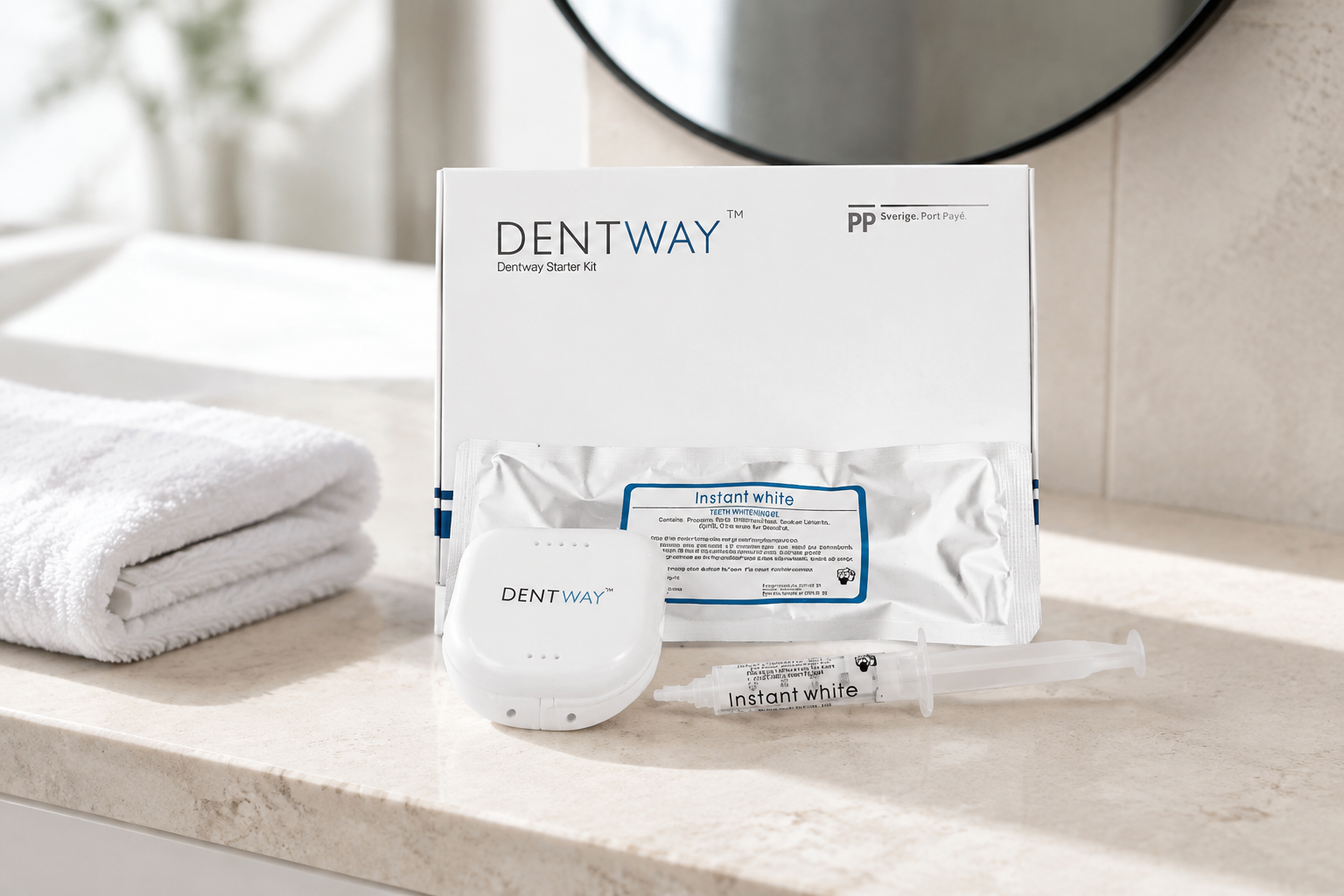 AI-genererat bildmontage av Dentway Starter Kit på en badrumsbänk.